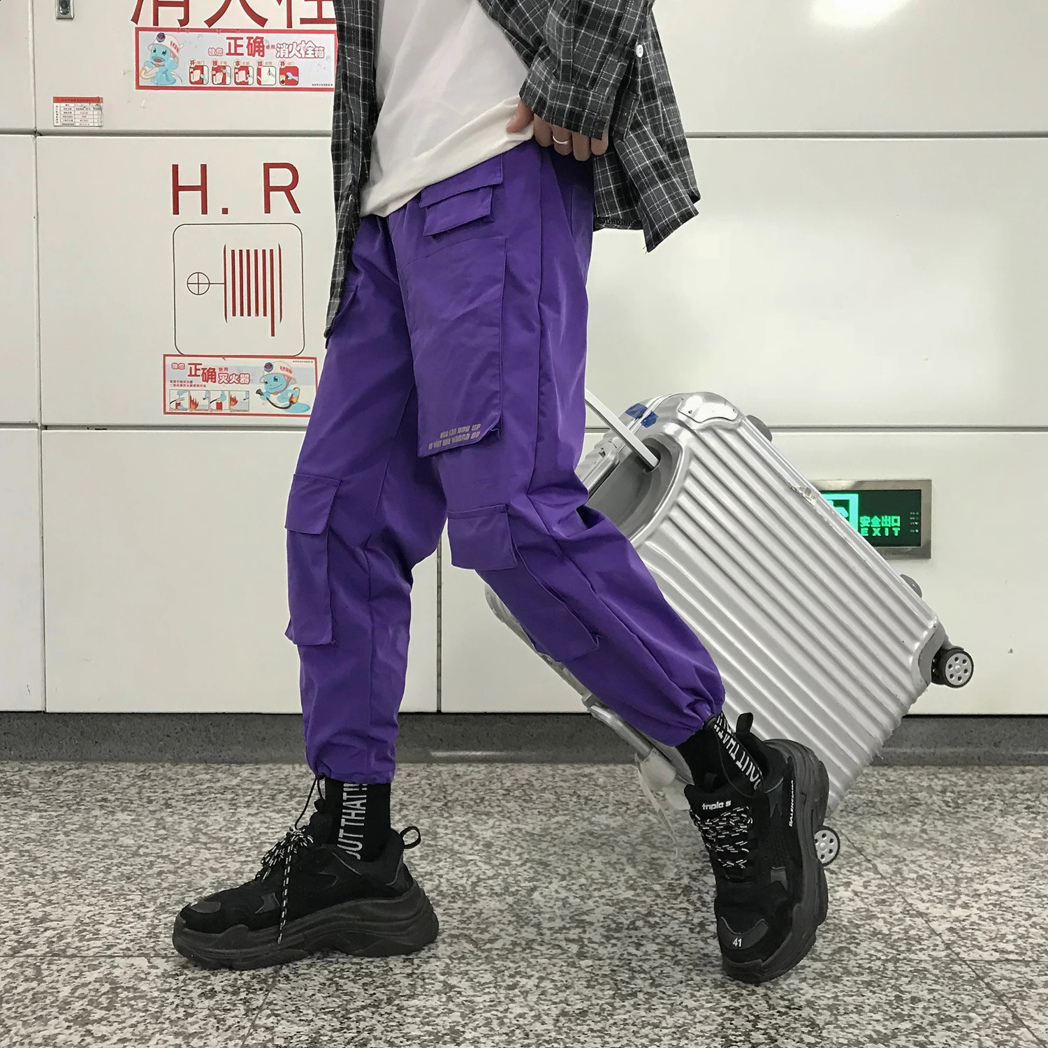 Fashion Men Streetwear Cargo Pants Mens Trousers Hip Hop Joggers Pockets Purple Men Woman Sweatpants Korean Ankle-Length Pants 240824