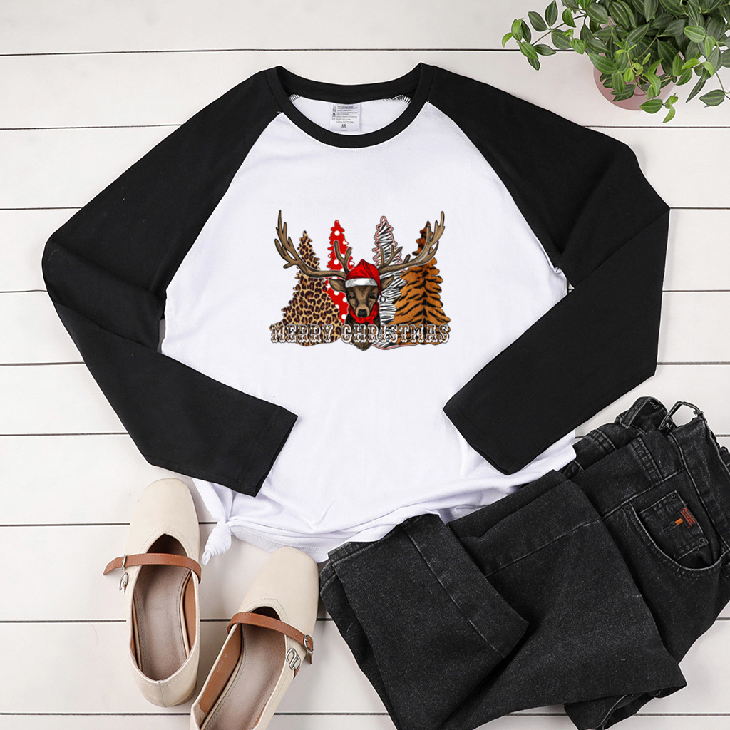 New autumn long sleeved leopard forest elk print shoulder length two-color top dongdumaoyi