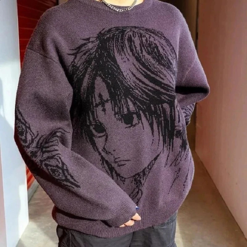 Womens Knitting Fashion Anime Print Sweater Harajuku Gothic Purple Sweater Men Pullover Y2K Oversized Sweater Streetwear 240824