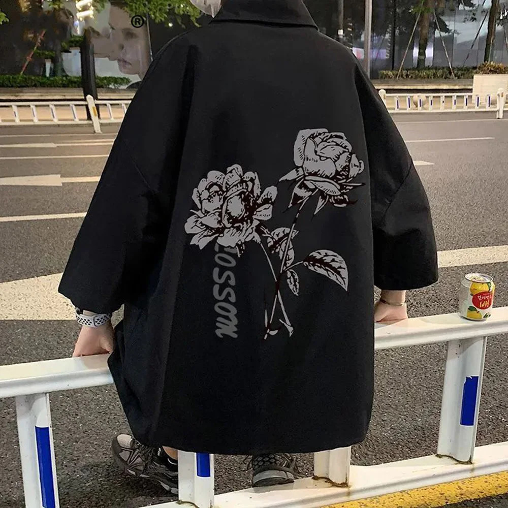 Shirt Summer Retro Rose Print Short Sleeve Shirt American Vintage Streetwear Youth Trend Casual All-Match MenS Top Clothes 2024 240824