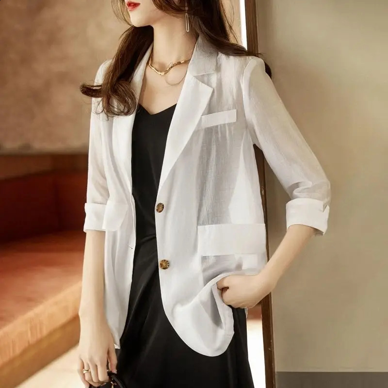 Thin Spring Summer Long Blazer Solid Temperament Formal Cardigan Button Pockets Simplicity Premium Womens Clothing Elegant 240826