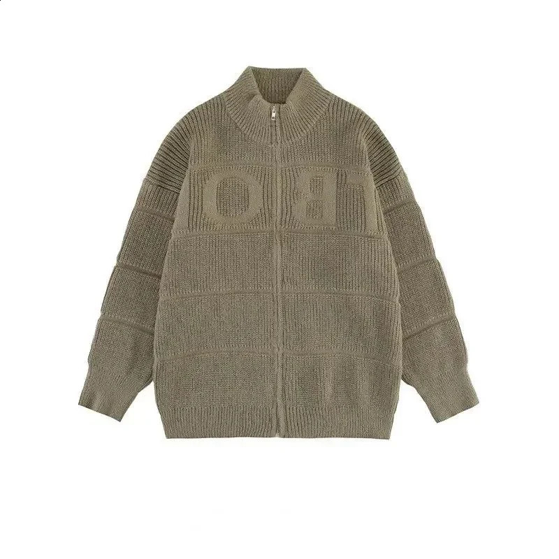 Mens Zipper Collar Open Letter Knitted Sweater Pure Black Solid Color Korean Classic A Bag X 240826