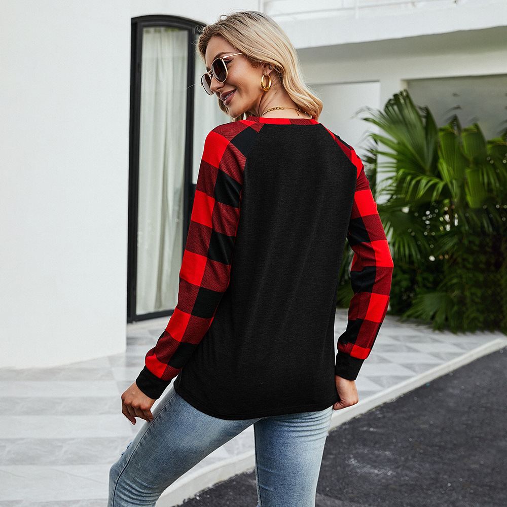 new autumn women's plaid shoulder long sleeved Christmas tree printed letter T-shirt top dongdumaoyi
