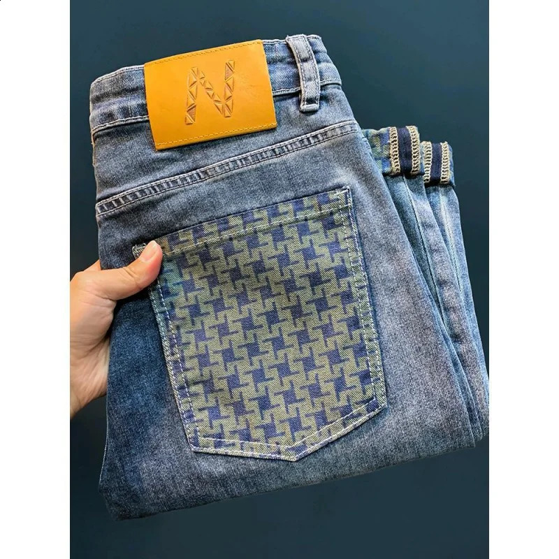 jeans MENS trendy inner full print casual straight leg fashion slim fit high end light washed street denim pant 240824
