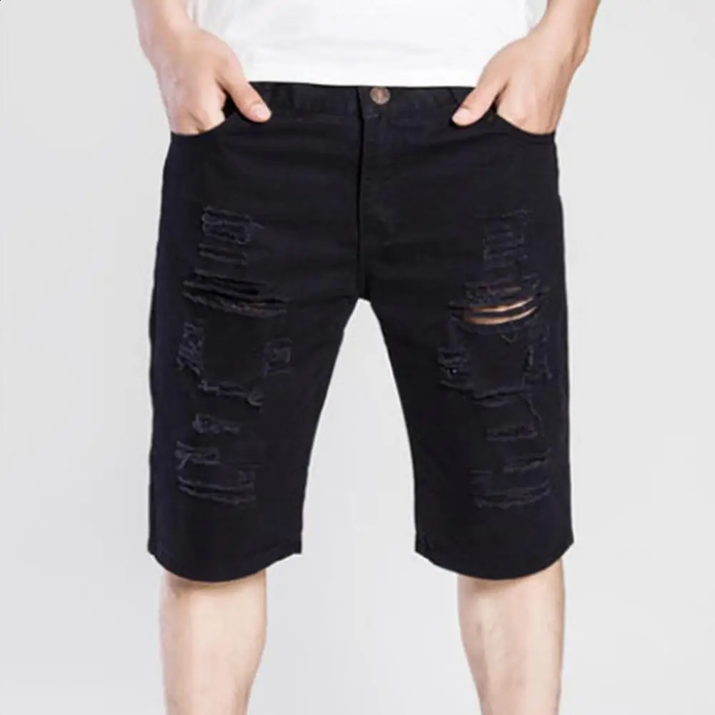 2024 White Denim Shorts Men Ripped Knee Length Fashion Jeans Casual Hole Slim Male Short Pants Streetwear i240824