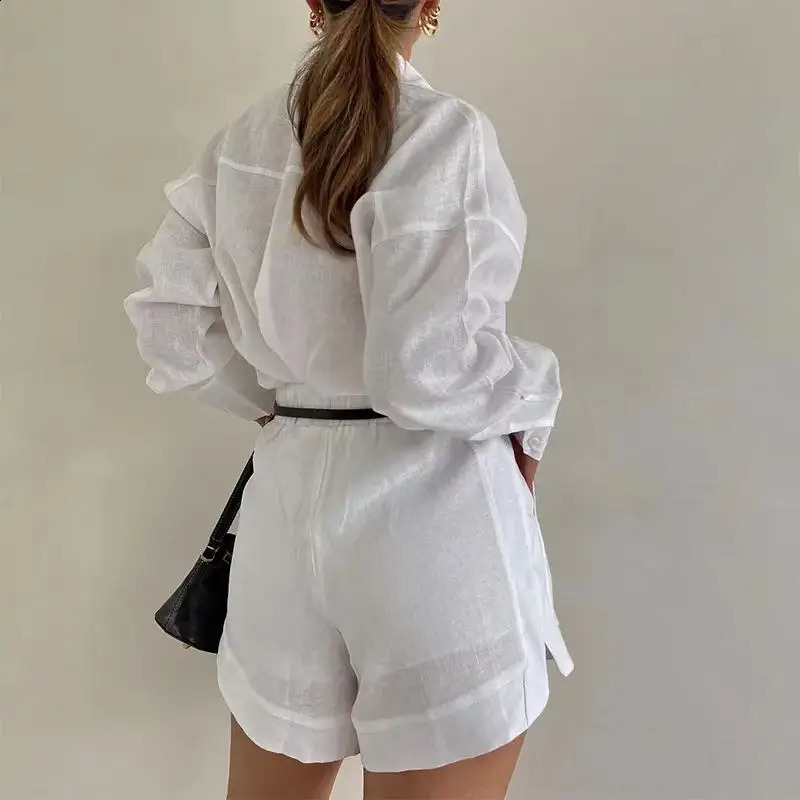 Women White Blue Lapel Button Shirts 2 Pieces Sets Casual Solid Long Sleeve Blouse High Waist Shorts Set Summer Elegant Suit 240826