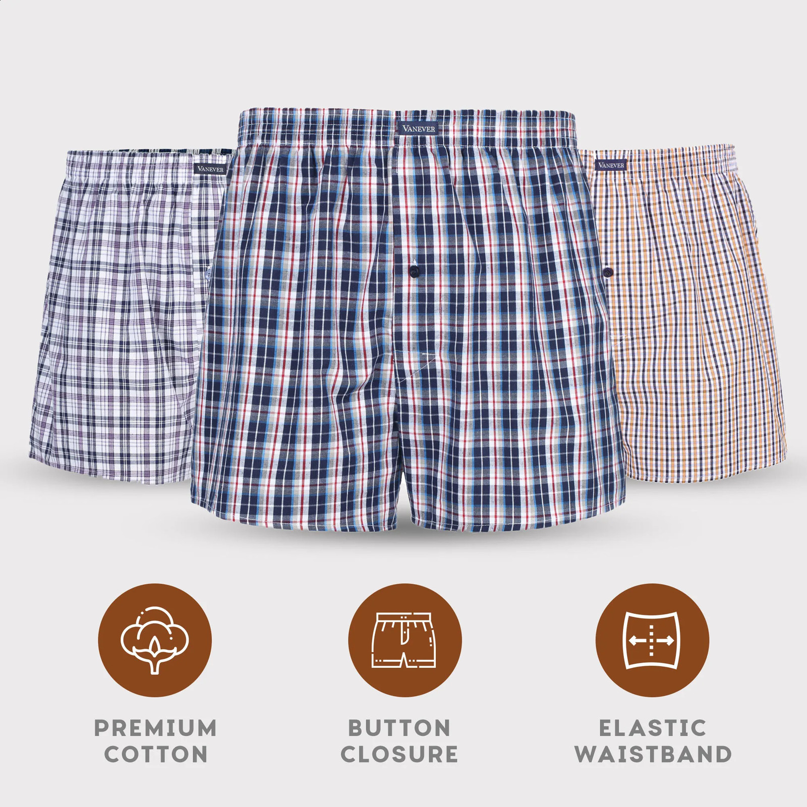 VANEVER 3 Pcs Boxers Mid Waist Knit Cotton Woven Shorts Loose Fit Plaid Mens Panties Comfortable Homewear Mens Underwear 240826