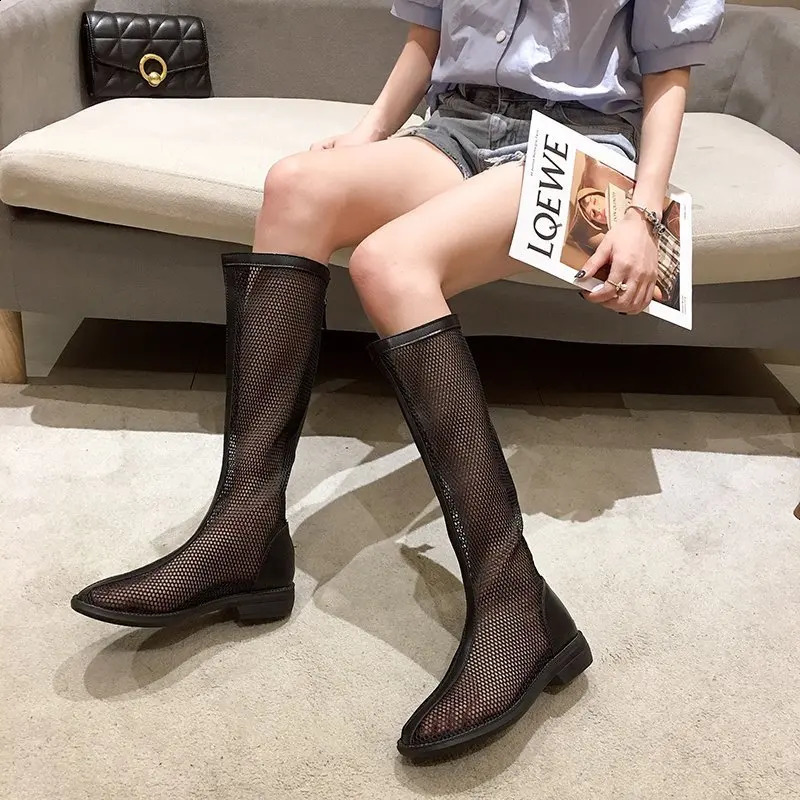 Womens knee high flat heel shoes knee sandals womens summer Roman scandal womens boots 240823