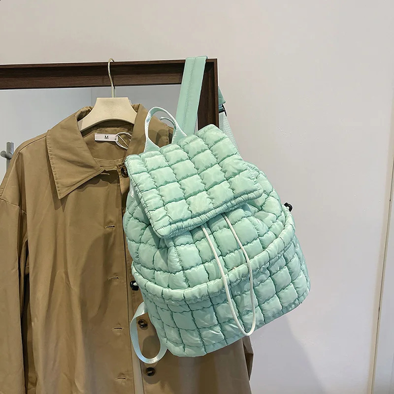 Korean Style Simple Trendy Lightweight Down Puff Backpack Large Capacity Communicating Fluffy Checked 240912
