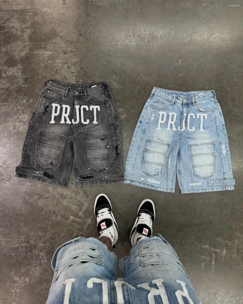 Men's Shorts American Multiple Pockets Retro Denim Punk Baggy Cowboy Cargo Letter Print Casual Men Jorts Streetwear