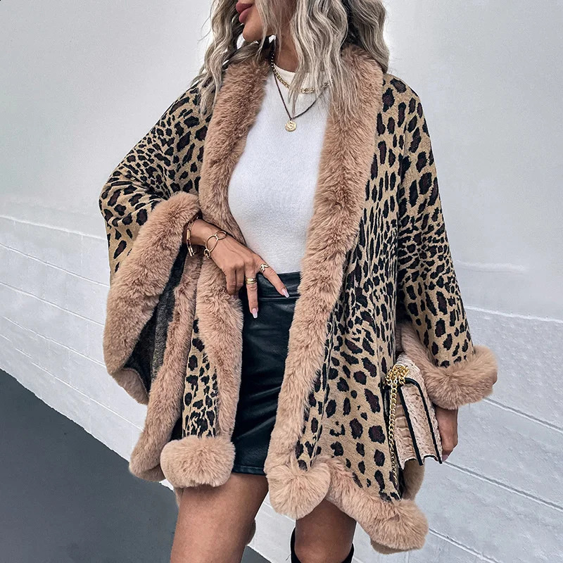 Winter Thick Warm Poncho Fur Collar Cape Coat Women Vintage Leopard Sweater Cardigan Female Batwing Sleeve Shawl 240824
