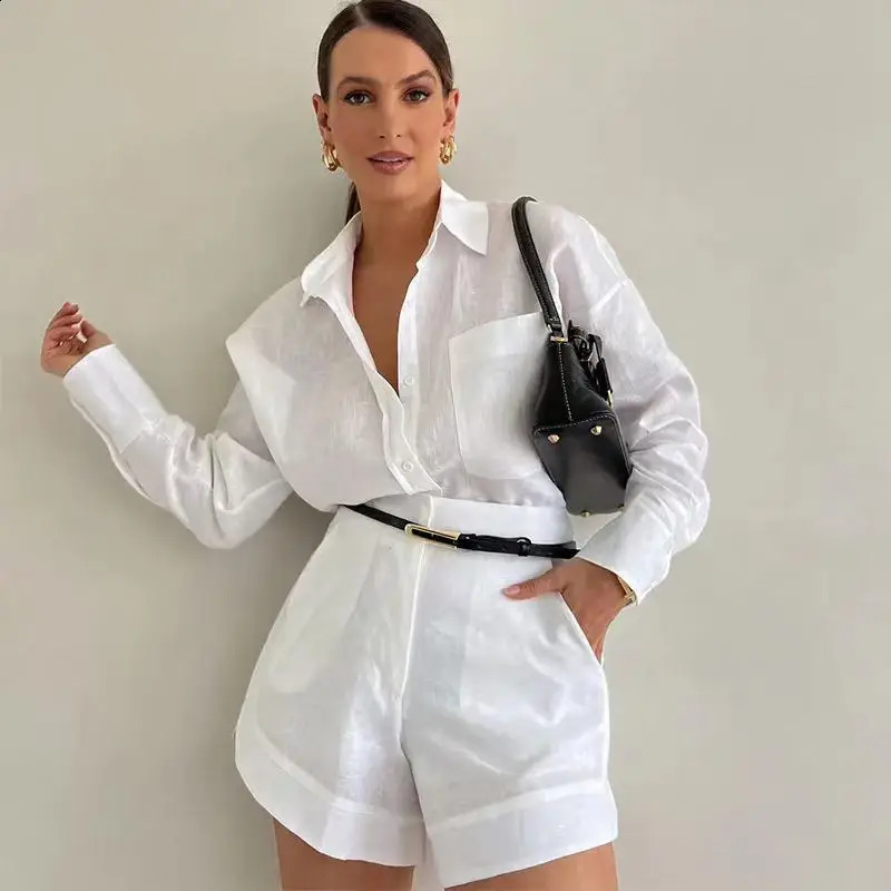Women White Blue Lapel Button Shirts 2 Pieces Sets Casual Solid Long Sleeve Blouse High Waist Shorts Set Summer Elegant Suit 240826
