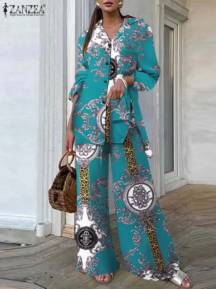 ZANZEA Casual Loose 2pcs Pantsuits Women Vintage Printing Side Slit Long Shirt Outfits Commtuing Wide Leg Trouser Pant Sets 240826