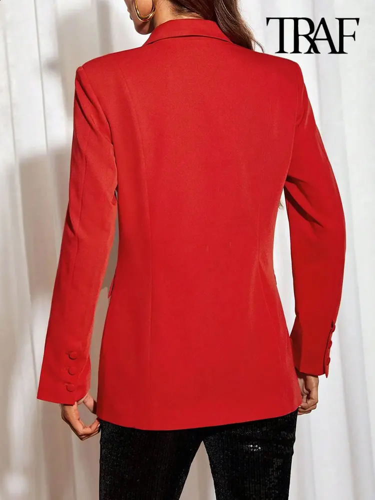 TRAF-Patchwork Blazer Coat for Women Long Sleeve Double Breasted Female Outerwear Chic Tops Fashion 240826