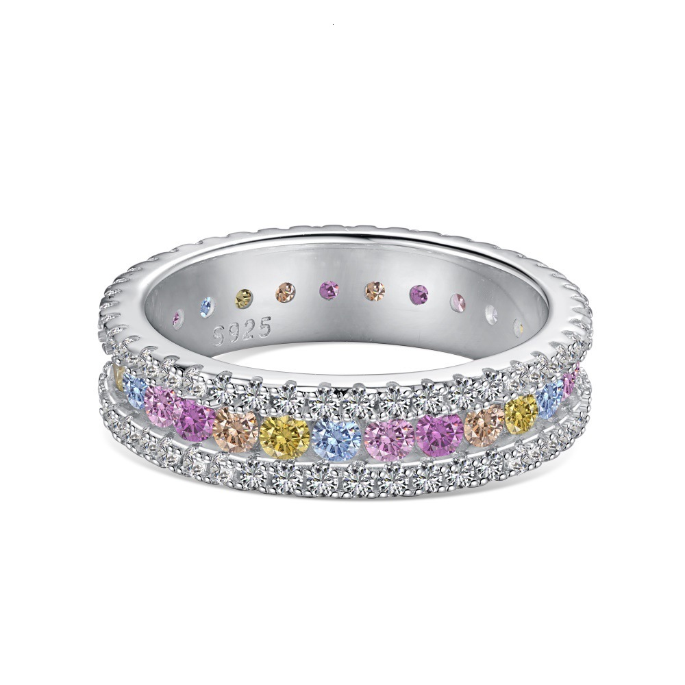 Korean version the new S pure sier women's ring with diamond arrangement dopamine color scheme, full zircon design and a sense of female handmade