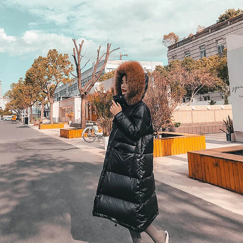 Maomaokong Women Winter Black Loose Long Down Jacket Real Fur Collar Hooded Fashion Waterproof Female Large Coat 240824