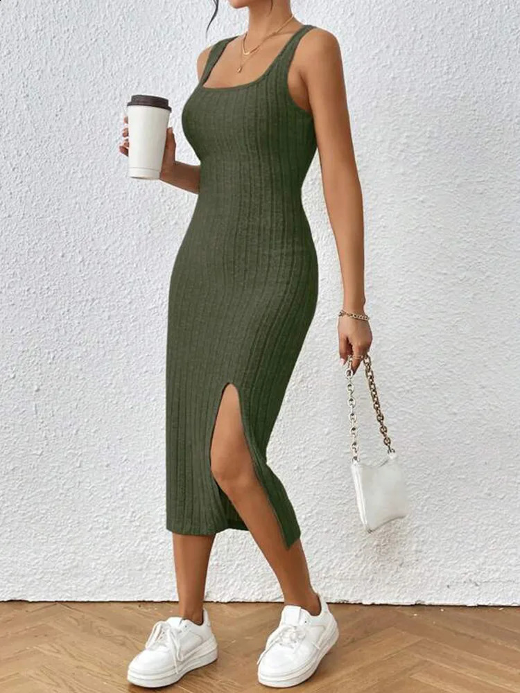 Womens Summer Solid Square Neck Tank Top Dress Fashion Knitted Side Seam Midi Sleeveless Casual 240826