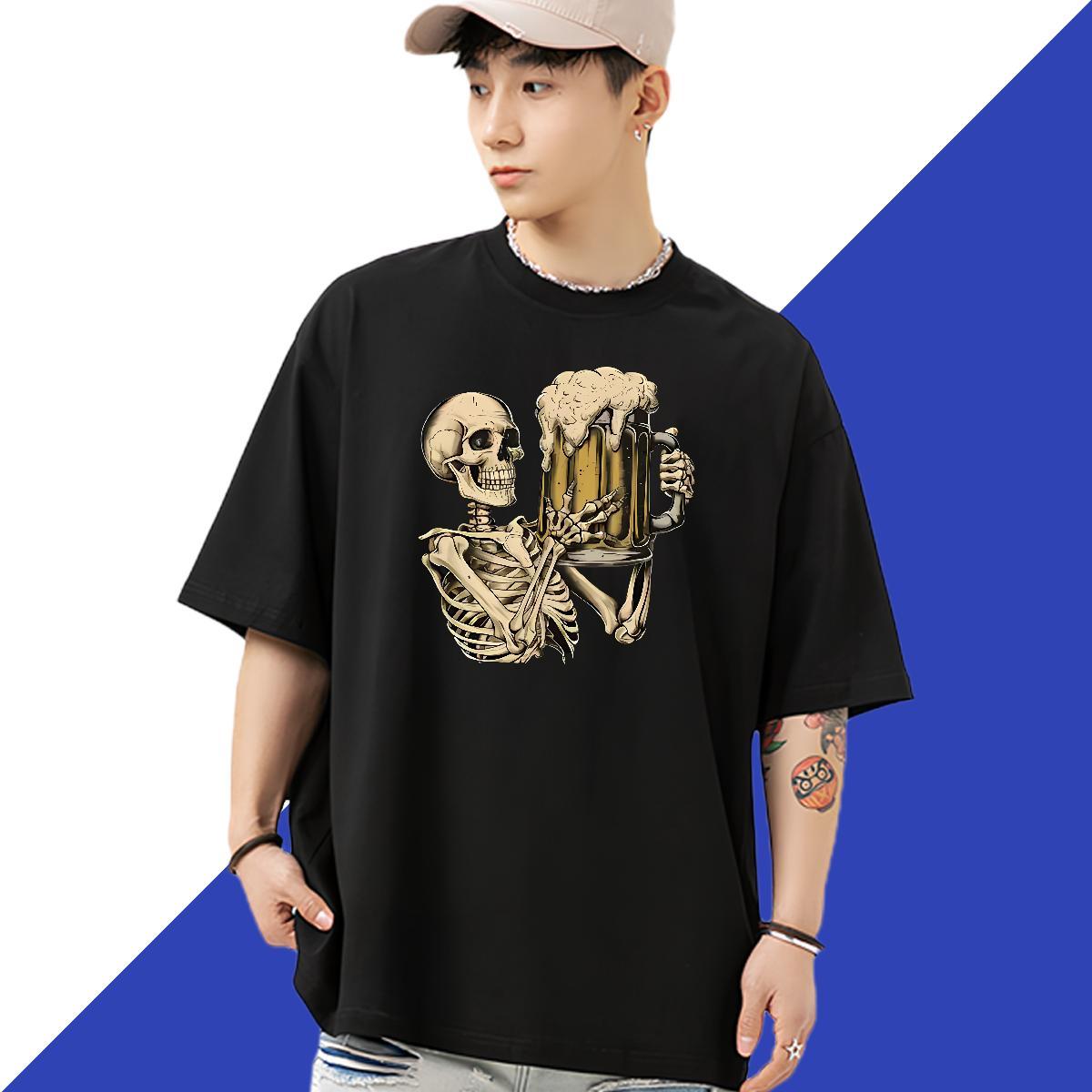 Classic T Shirts Men 230g Cotton skull Home Outdoor Black White Crew Neck Men Clothes T-Shirt Fashion Designer Tops Shirt