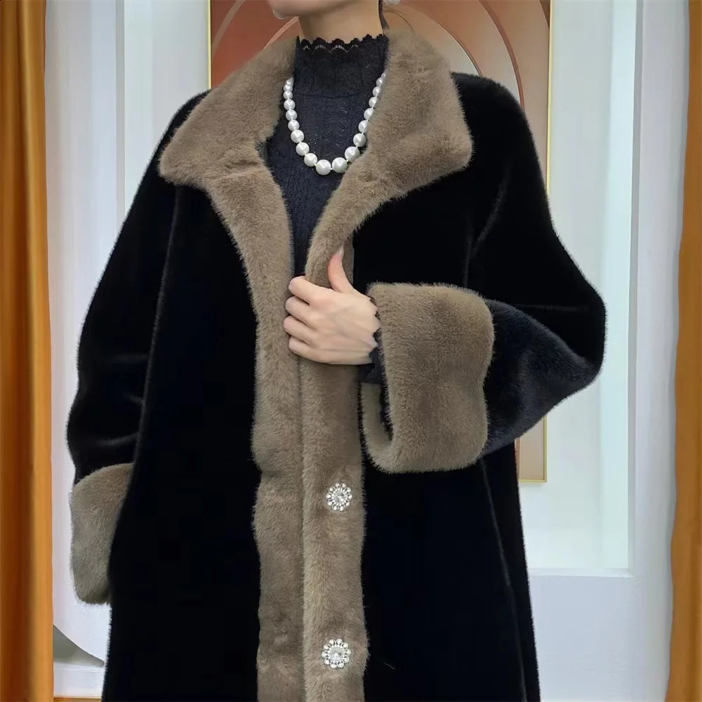Elegant faux mink coat womens winter long jacket for middleaged and elderly mothers cashmere warm park black 240824