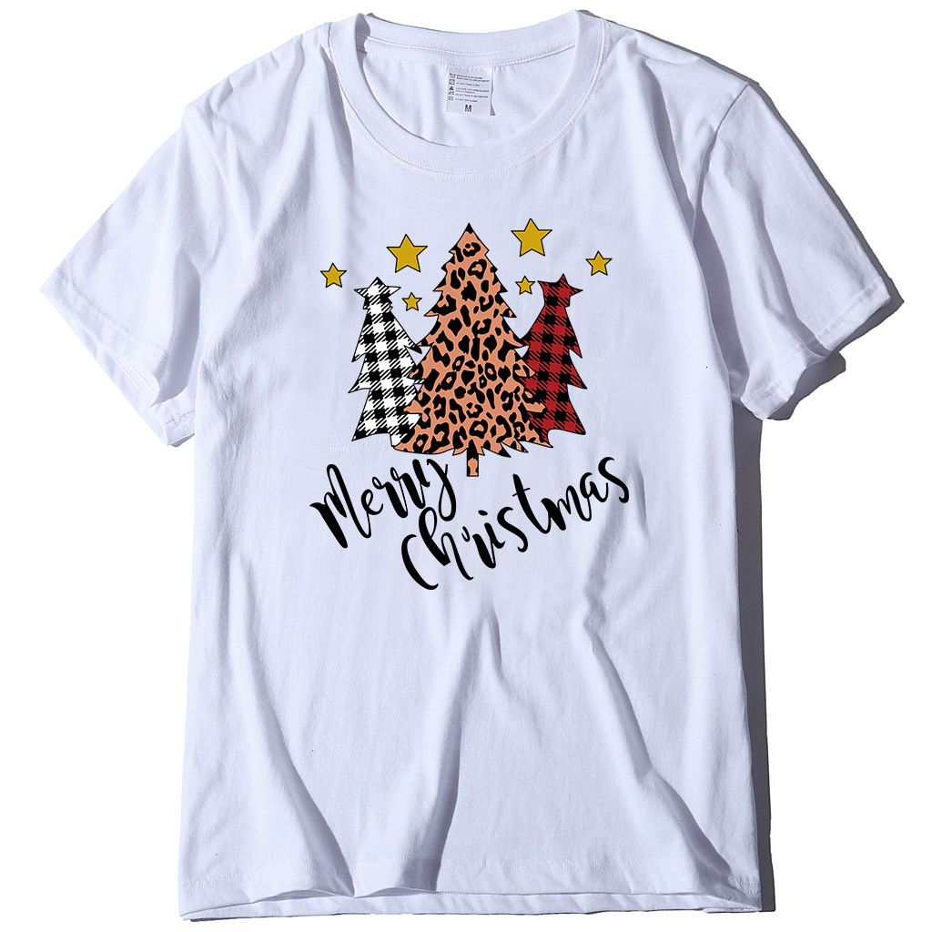 Autumn round neck cotton short sleeved three pine tree printed women's loose T-shirt fashionable casual style dongdumaoyi