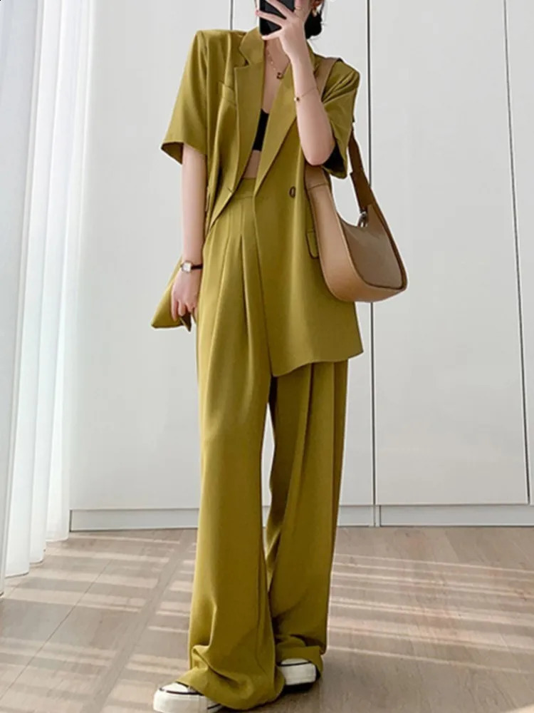 Short Sleeve Wide Leg Pants Blazer Suit Two Piece Set Summer Fashion Work Business Casual Female Clothes 240826