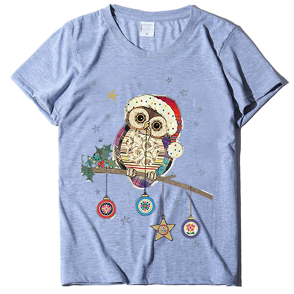 Short T-shirt for women, European size owl print T-shirt, round neck Christmas short sleeved shirt dongdumaoyi
