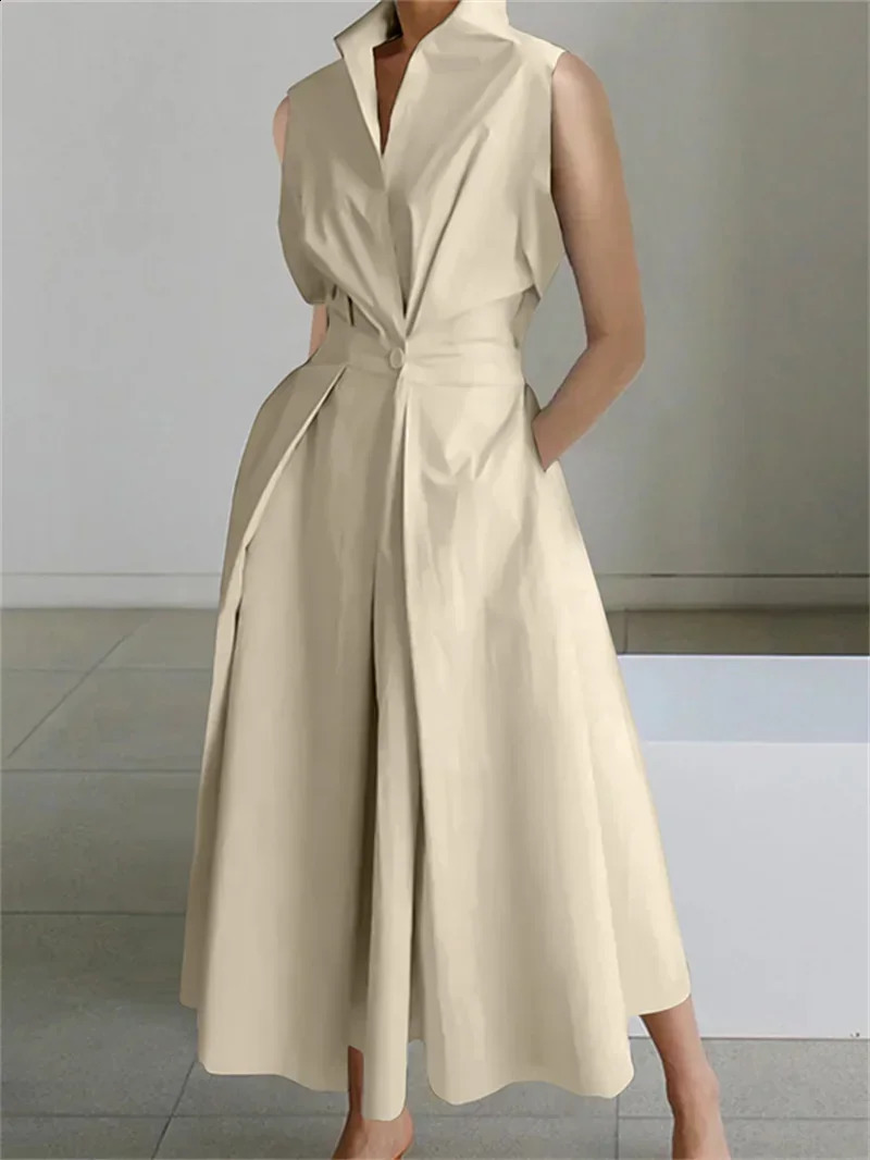 Krisnana Vestidos Urban A-line Dress For Women Summer Korean Fashion Sleeveless Solid Color Lapel Midi Dresses Simple Clothes 240815