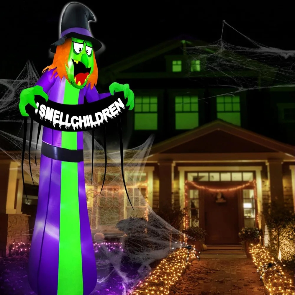 8 Ft Giant Halloween Inflatables Witch Outdoor Decorations Scary Witch Holds I Smell Children Banner LED Lights Blow Up 240824