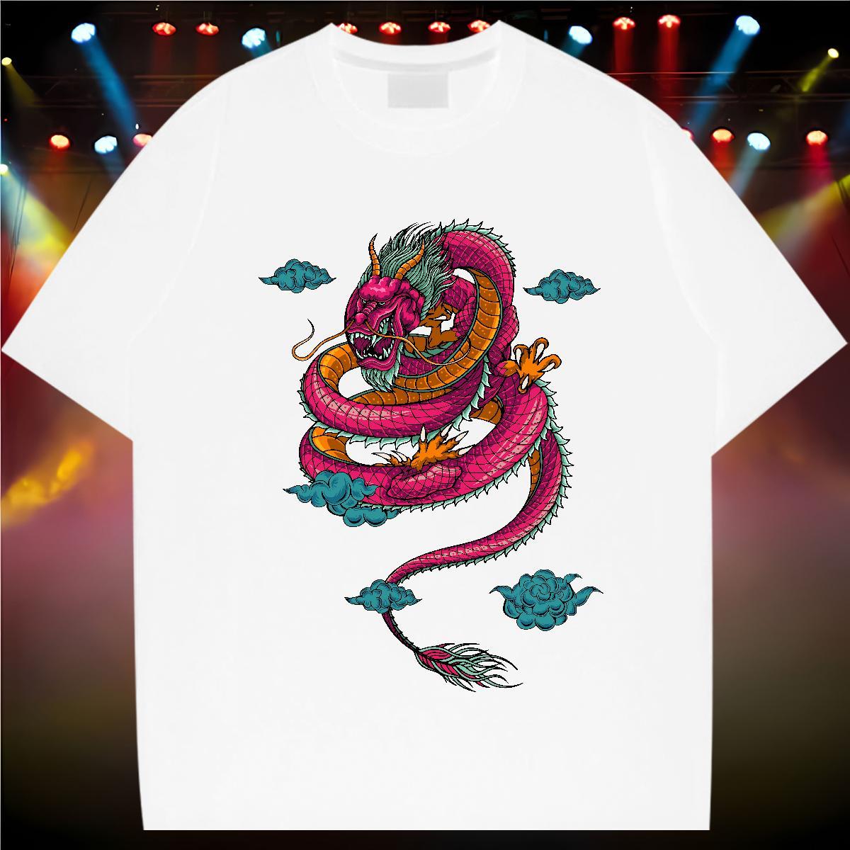 Brand T-Shirts for Men 230g Cotton dragon Hip Hop Street Plus Size Cartoon O-Neck Short Sleeve Mens Tshirts 2024 Summer Polos