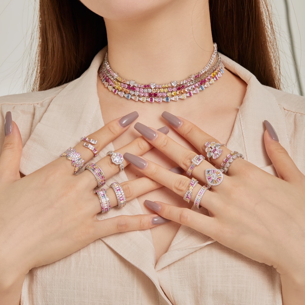 Korean version of new S pure sier closing ring with geometric shape, colored zircon, fashionable and versatile design for women's rings