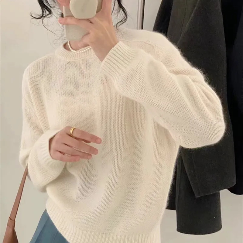 Autumn/Winter Round Neck Cashmere Sweater Womens Loose Korean 100% Pure Wool Knit Pullover Large Clothing For Female 240824