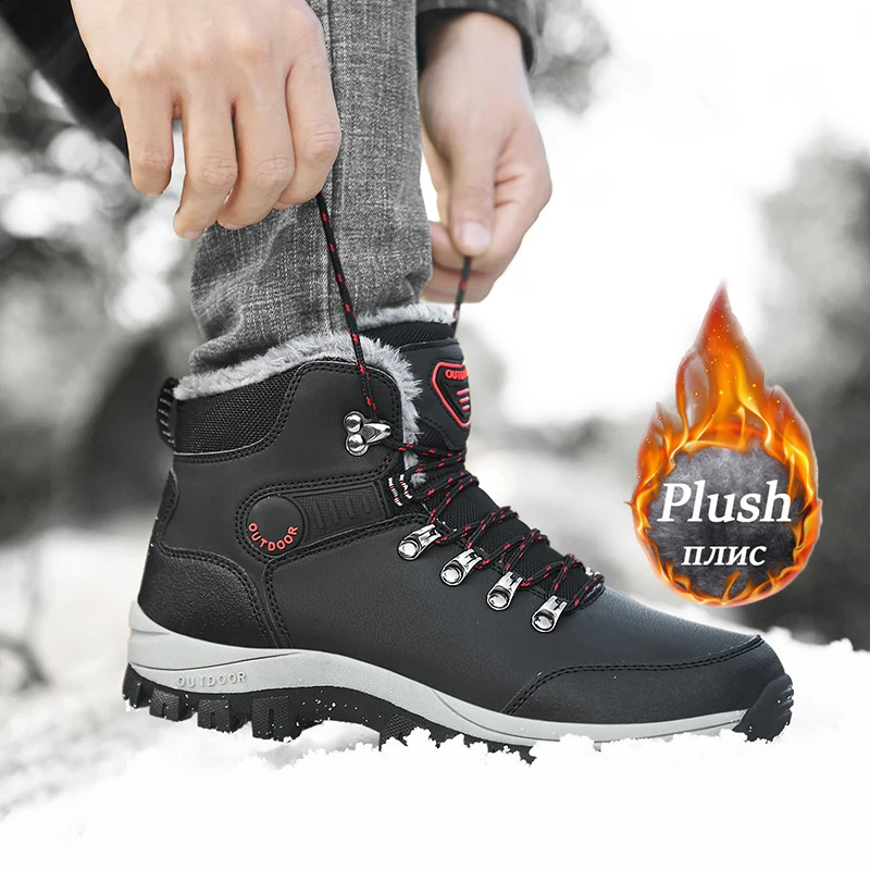 Snow waterproof leather sports shoes ankle super warm mens outdoor anti slip snow winter hiking boots