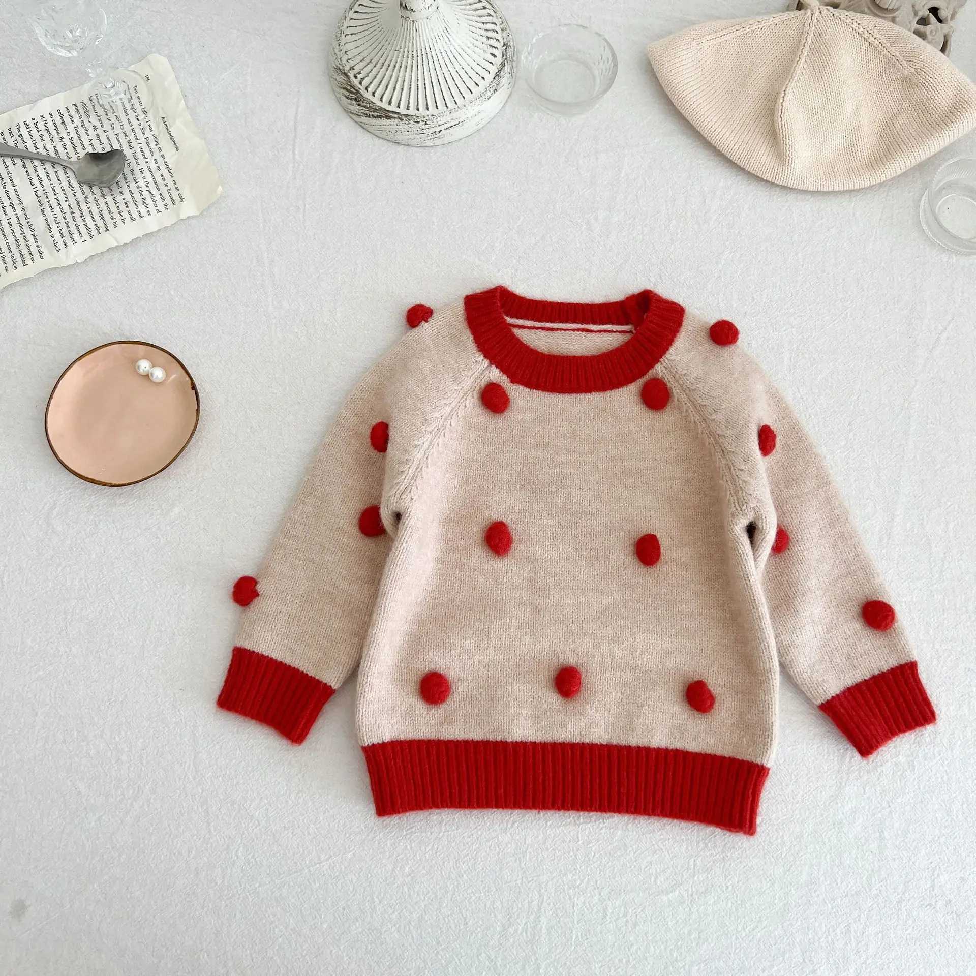2024 Ins Korea Autumn Childrens Baby Girl Sweater Cotton Knitted Long Sleeve Baby Girl Zipper Handmade Ball Preschool Girl TopW240824