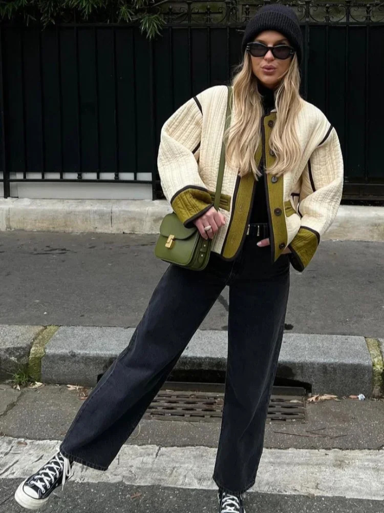 Women Fashion Single Breasted Contrast Jacket Stand Collar Pocket Long Sleeve Coats 2024 Chic Autumn Casual Lady Outerwear 240826