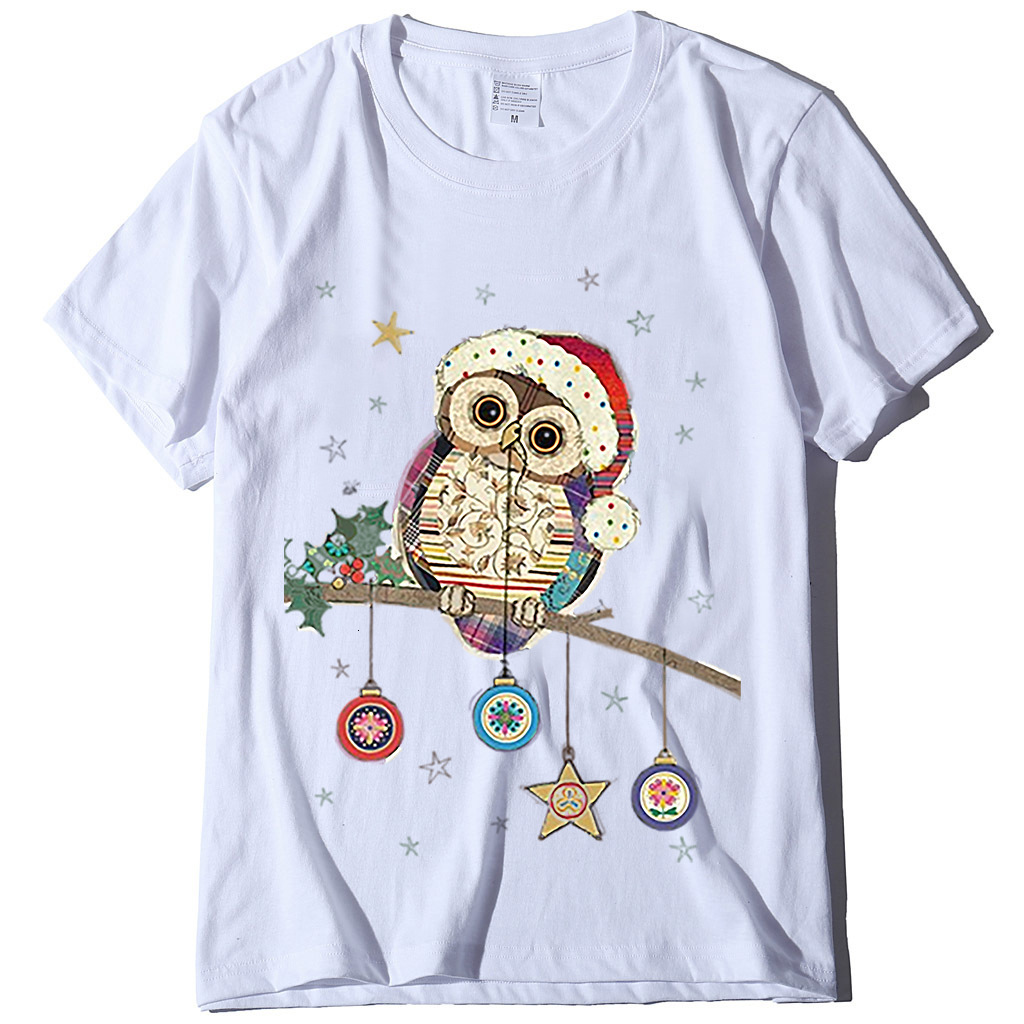 Short T-shirt for women, European size owl print T-shirt, round neck Christmas short sleeved shirt dongdumaoyi