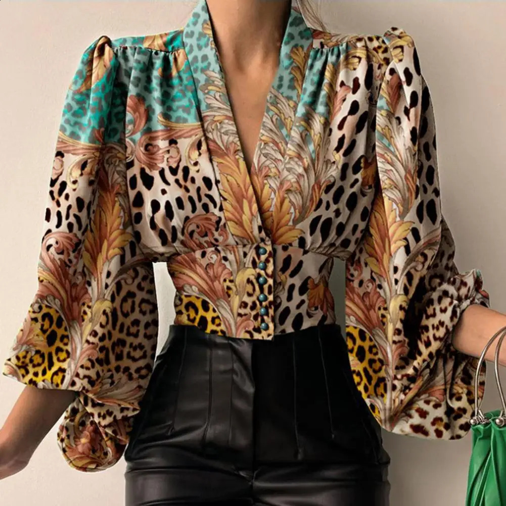 Fashion Women Shirt V-neck Slim Buttons Tight Shrinkable Cuffs Cropped Shirt Lantern Long Sleeve Flower Print Blouse 240814
