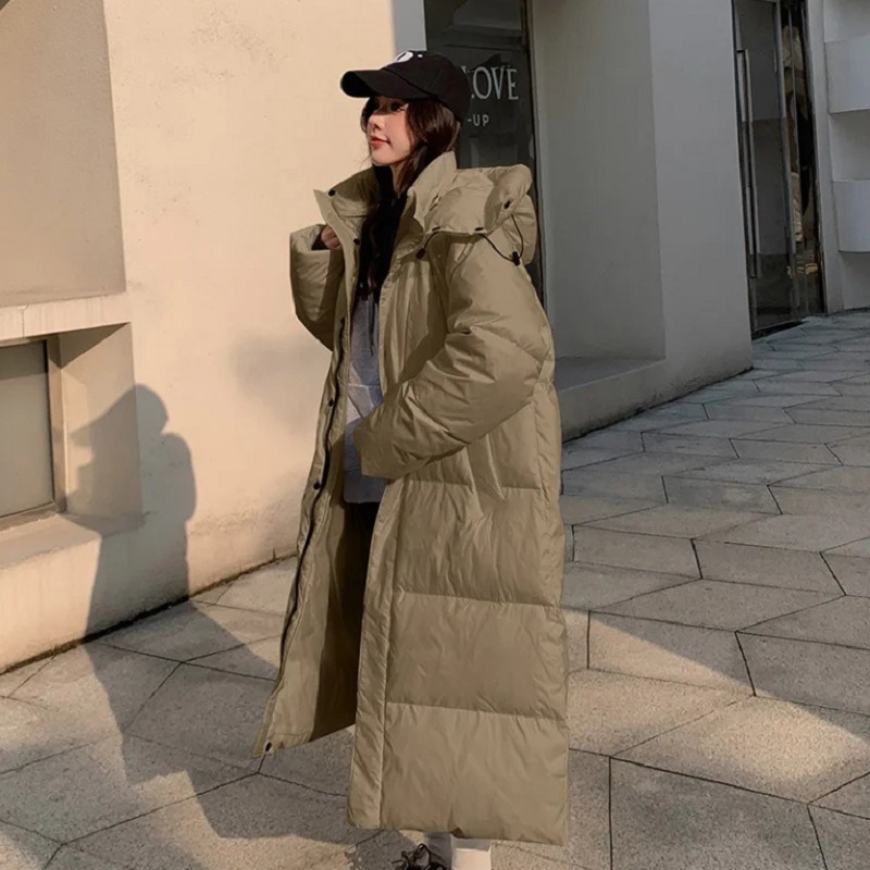 Winter New South Korea Dongdaemun Long Down Cotton Jacket Womens Thick Hooded Breadcoat Loose Knee Over Coat