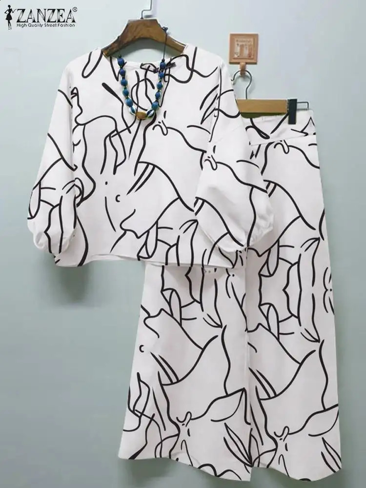 ZANZEA Bohemain Printed Tracksuits Summer Matching Sets 3/4 Sleeved Blouse Spring Wide Leg Pant Sets Women Trousers Suits 240826