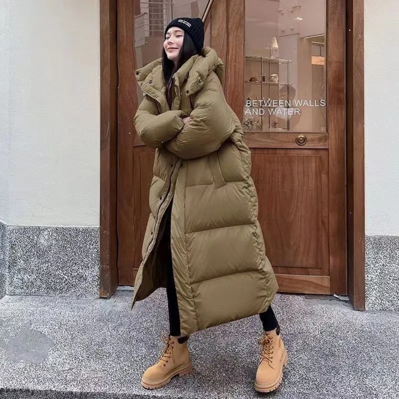 Winter New South Korea Dongdaemun Long Down Cotton Jacket Womens Thick Hooded Breadcoat Loose Knee Over Coat