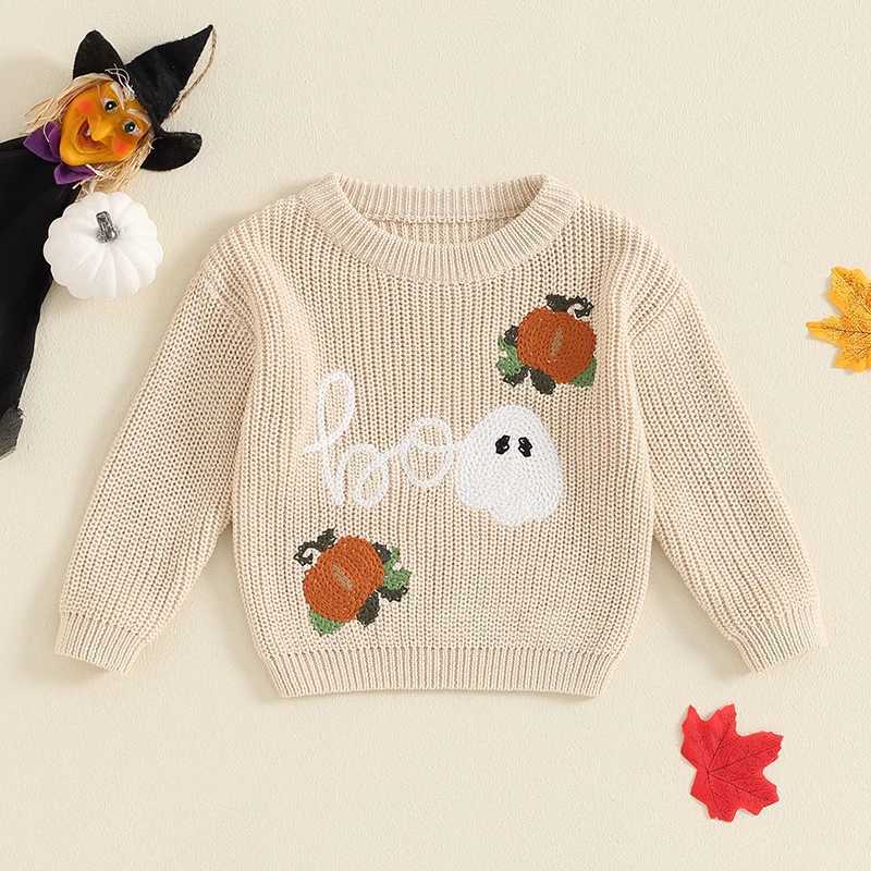 May 21 2024 Lioraitiin Preschool Boys and Girls Halloween Sweater Witch Pumpkin Belief Ghost Long Sleeve Round Neck Knitted PullflowerW240824