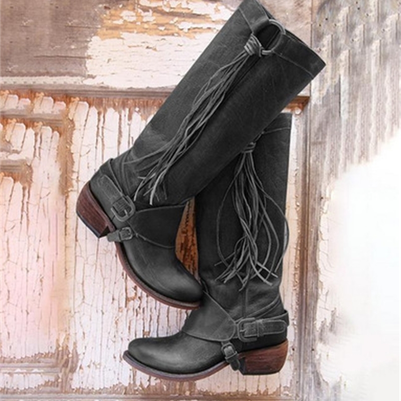 Gladiator Boots Womens Retro Shoes Womens Tassel Over Knee Casual Boots Fashion Round Toe Knight Full Match Buckle 240823