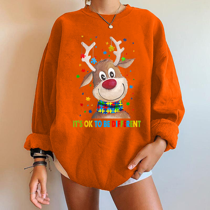 Autumn new women's European size deer autism round neck pullover shoulder down hoodie dongdumaoyi