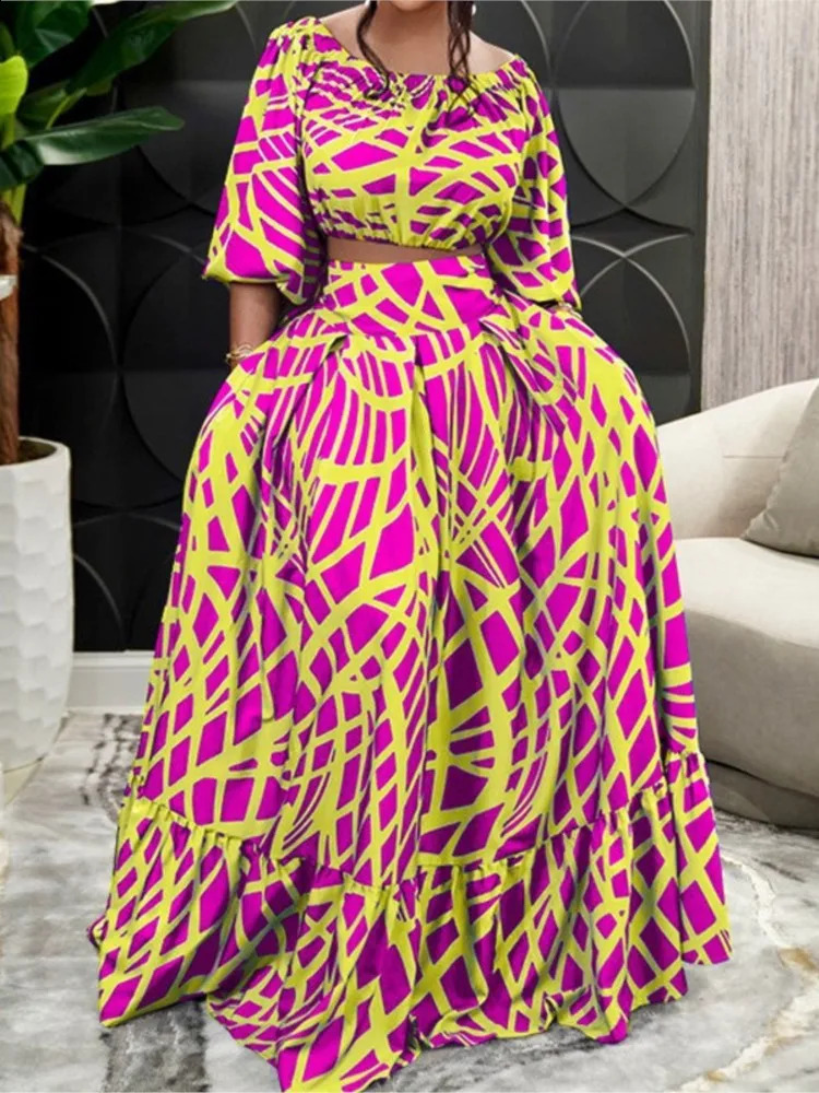 Summer Fashion Boho Print Skirt Womens Sets Sexy V-neck Crop Top Long Skirt 2 Piece Set Elegant Suit Womens Clothing 240826