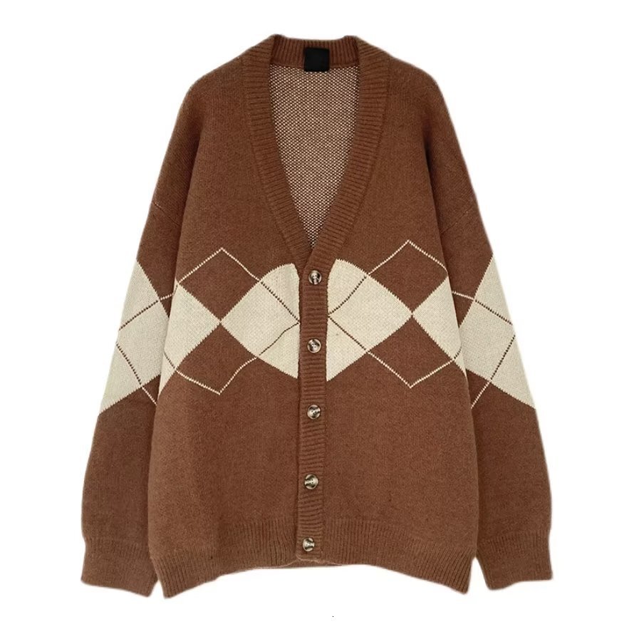 Korean Version New Loose Knitted Jacket Autumn and Winter Mens High-end and Stylish Design Diamond Grid Sweater Cardigan Mens