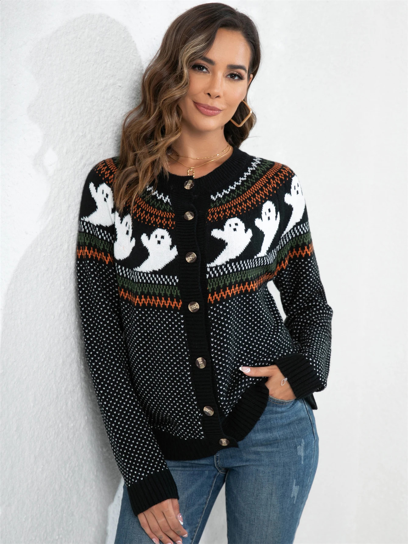 Halloween Ghost Pattern Womens Retro Crew Collar Button Front Long Sleeve Open Knitted Woolen Sweater Fashion Short 240826