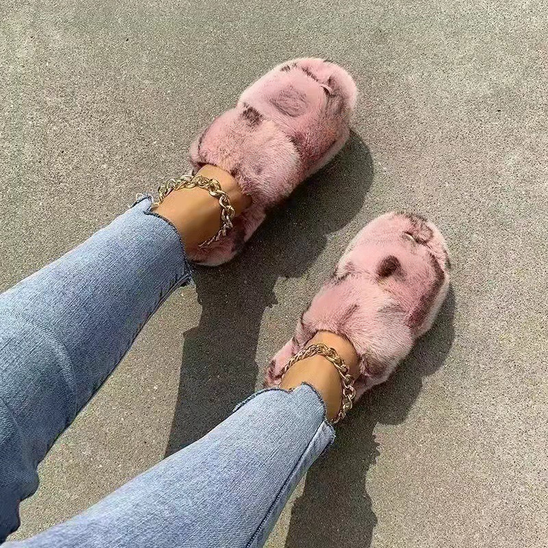 Slippers Flat Designer Shoes Eur House Full Furry Winter Indoor Fur Soft And Fluffy Plush Platform Non-Slip Heel Casual Ladies