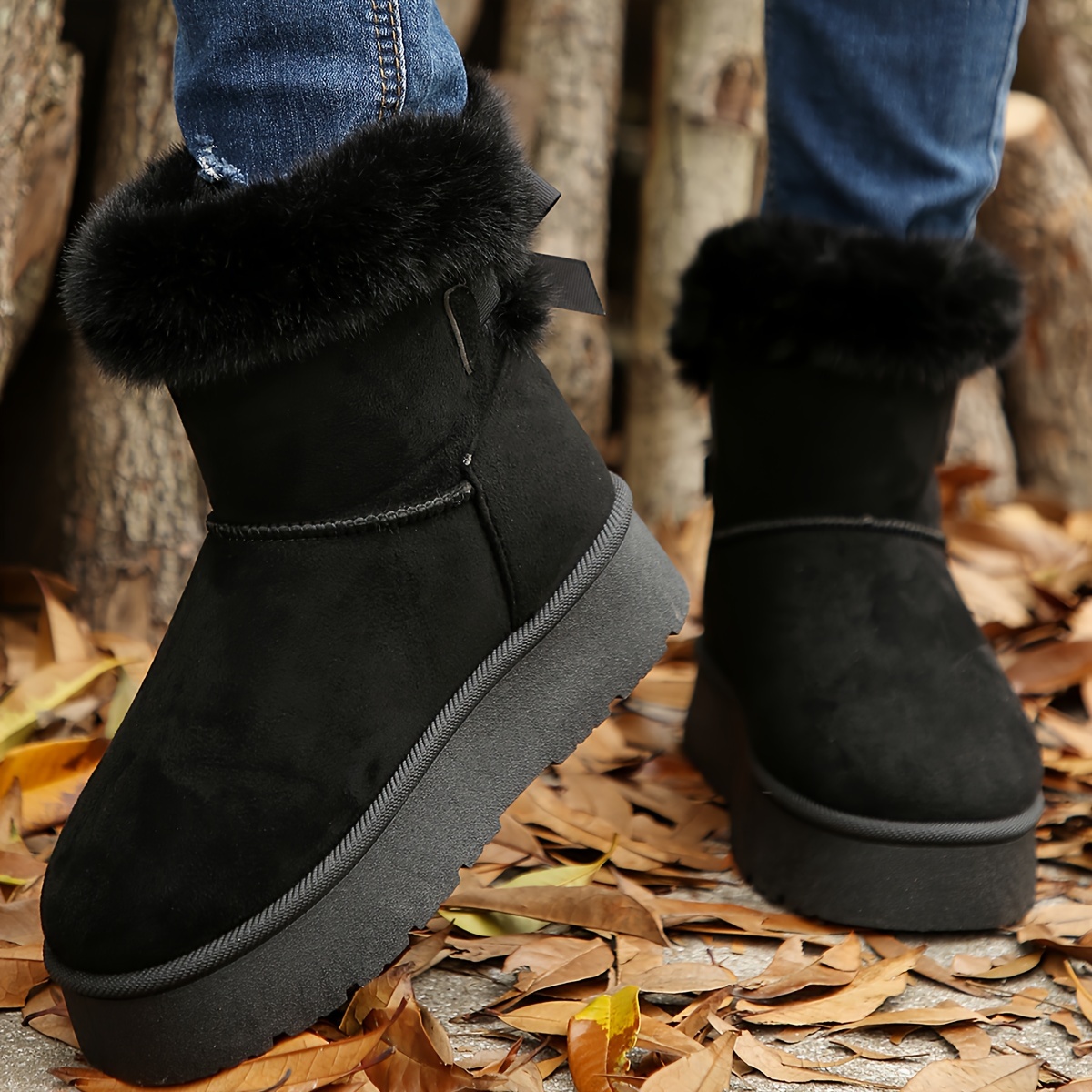 Womens Solid Color Platform Snow Boots Hook and Loop Fastener, Plush Fabric Lined, Comfortable Flat Heel, Round Toe, PVC Sole, Perfect for Casual Wint