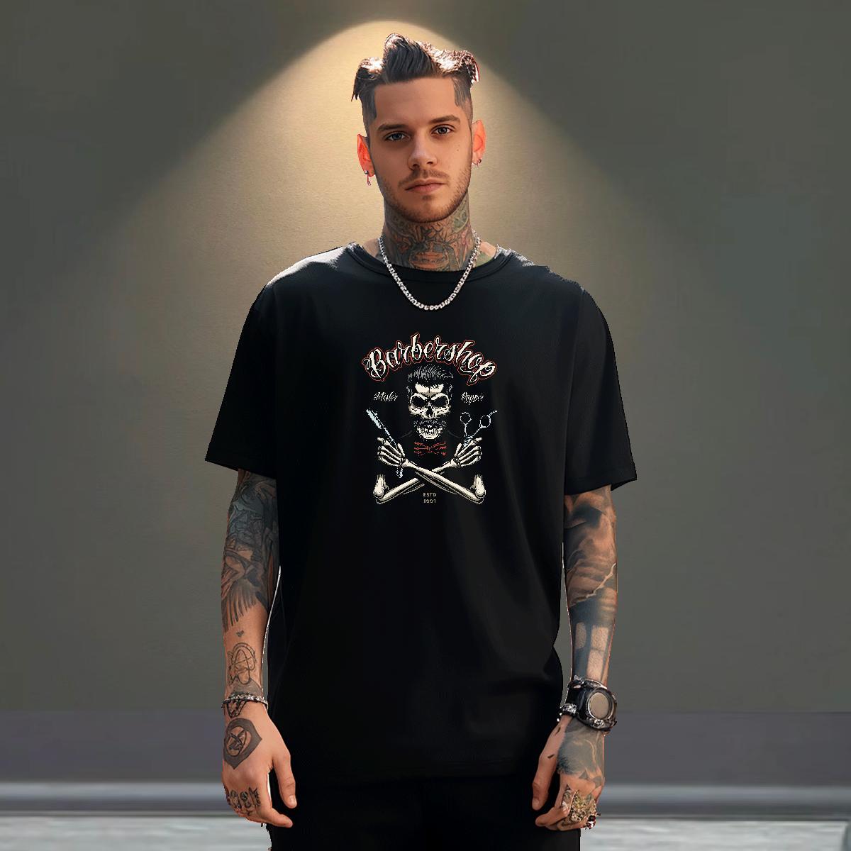 Loose Fit Men T Shirts 100% Cotton 230g skull Hip Hop Floral Print Short Sleeve Soft Couples T Shirts Classic Casual Polos