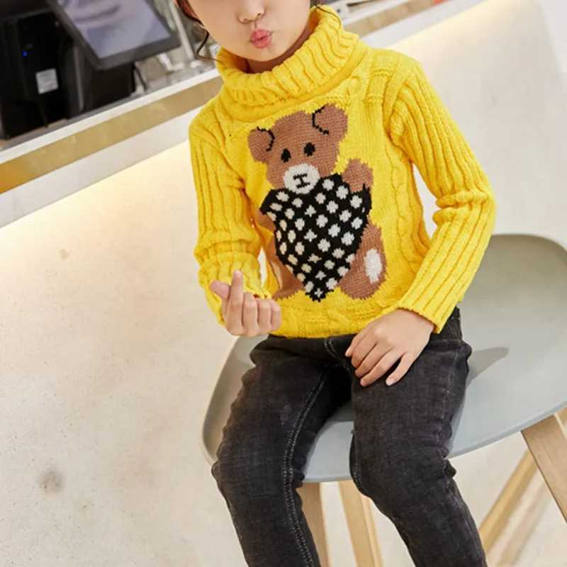 1-8 years warm and cute winter boys and girls sweater cartoon bear knit bottom turtle neck childrens birthday gift sweaterW240824