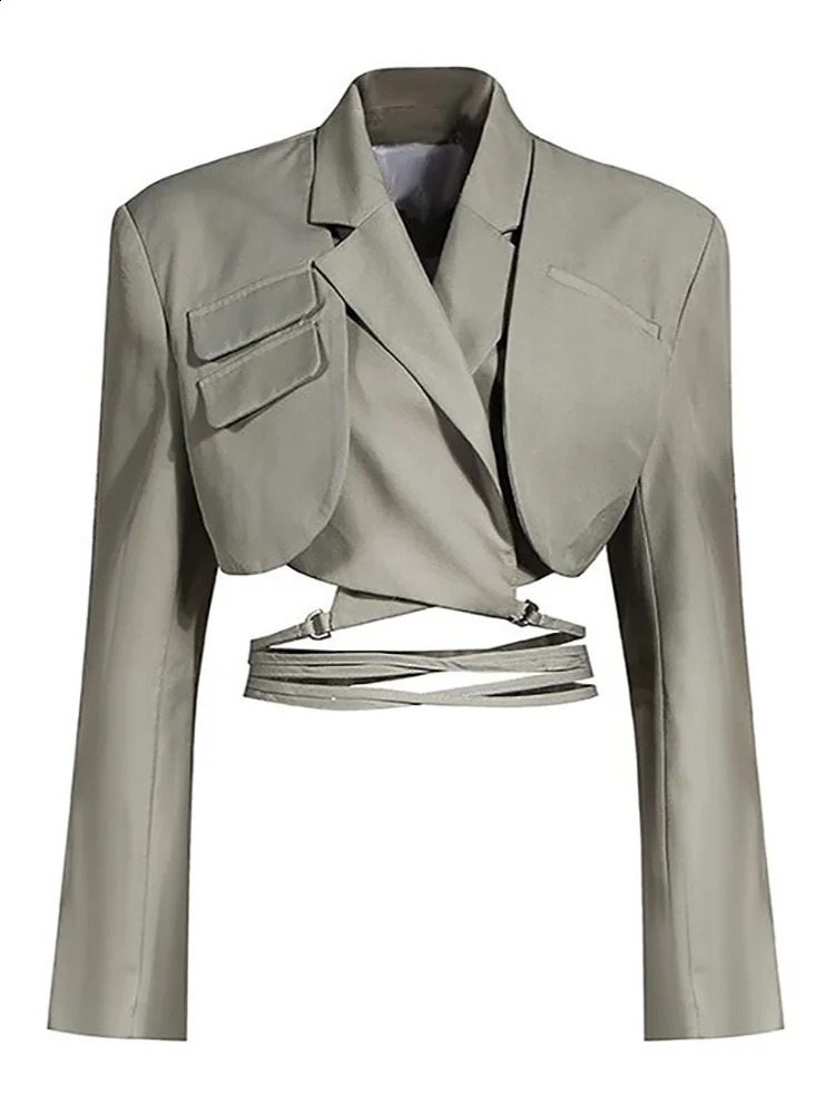 Articat Gray Double Layer Bandage Slim Blazer Women Long Sleeve Pocket Short Jacket Female Notched Collar Outwear Tops 240826